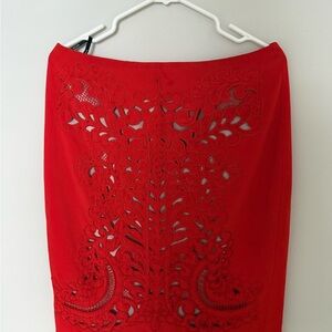Karen Millen Red Laser-Cut Pencil Skirt